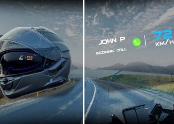 The futuristic motorcycle helmet with a digital display on the visor, as if you were Robocop