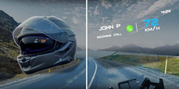 The futuristic motorcycle helmet with a digital display on the visor, as if you were Robocop