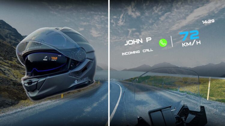 The futuristic motorcycle helmet with a digital display on the visor, as if you were Robocop