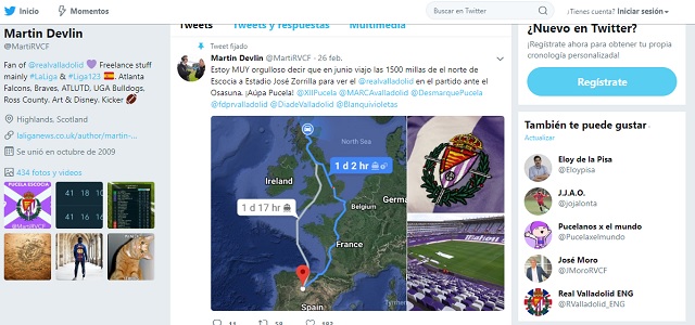 Mil quinientas millas de viaje para ver tocar la gloria al Real Valladolid 1 Tuit de Martin, en el que confirmaba su viaje
Foto: Twitter